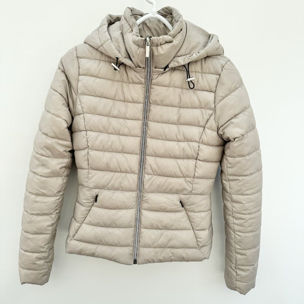 Zara Puffer Jacket women Size Small Removable Hood‎ Beige Light Weight